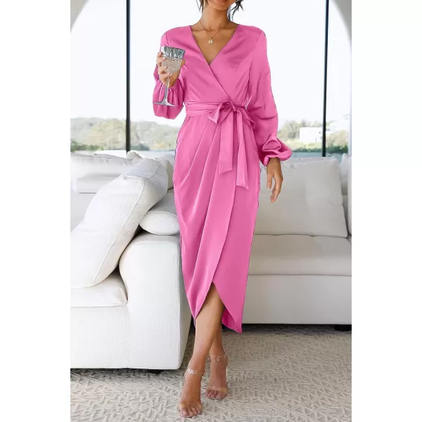 imagePRETTYGARDEN Womens Maxi Satin Puff Sleeve Wrap V Neck Ruched Belted Long Formal Cocktail DressesBright Pink