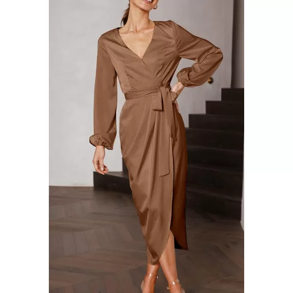 imagePRETTYGARDEN Womens Maxi Satin Puff Sleeve Wrap V Neck Ruched Belted Long Formal Cocktail DressesBrown