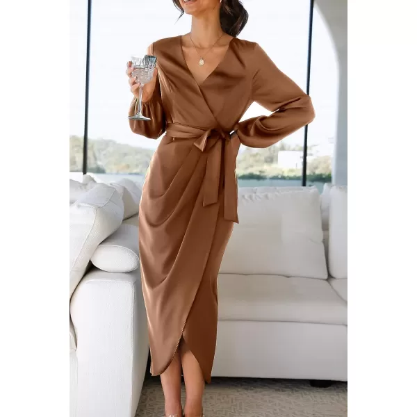 imagePRETTYGARDEN Womens Maxi Satin Puff Sleeve Wrap V Neck Ruched Belted Long Formal Cocktail DressesBrown
