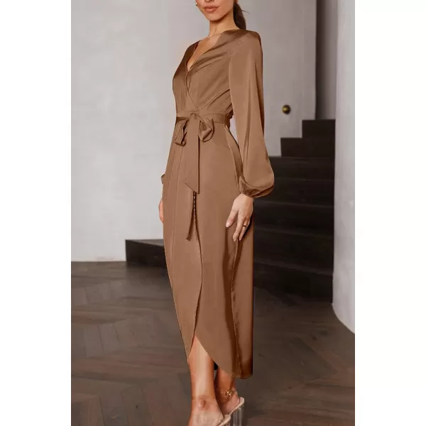 imagePRETTYGARDEN Womens Maxi Satin Puff Sleeve Wrap V Neck Ruched Belted Long Formal Cocktail DressesBrown