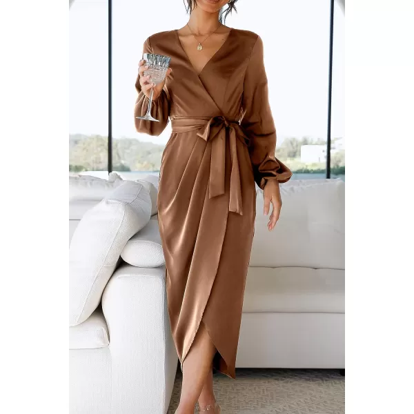 imagePRETTYGARDEN Womens Maxi Satin Puff Sleeve Wrap V Neck Ruched Belted Long Formal Cocktail DressesBrown