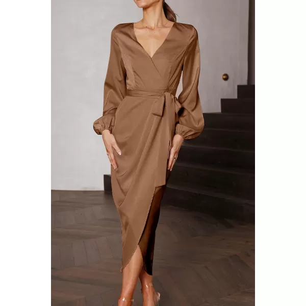 imagePRETTYGARDEN Womens Maxi Satin Puff Sleeve Wrap V Neck Ruched Belted Long Formal Cocktail DressesBrown