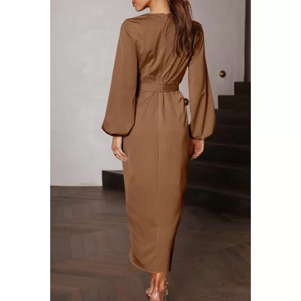 imagePRETTYGARDEN Womens Maxi Satin Puff Sleeve Wrap V Neck Ruched Belted Long Formal Cocktail DressesBrown