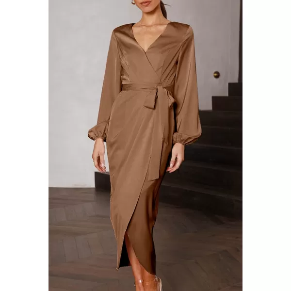 imagePRETTYGARDEN Womens Maxi Satin Puff Sleeve Wrap V Neck Ruched Belted Long Formal Cocktail DressesBrown