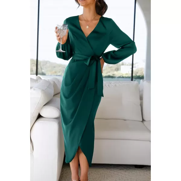 imagePRETTYGARDEN Womens Maxi Satin Puff Sleeve Wrap V Neck Ruched Belted Long Formal Cocktail DressesDark Green
