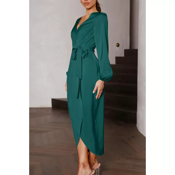 imagePRETTYGARDEN Womens Maxi Satin Puff Sleeve Wrap V Neck Ruched Belted Long Formal Cocktail DressesDark Green