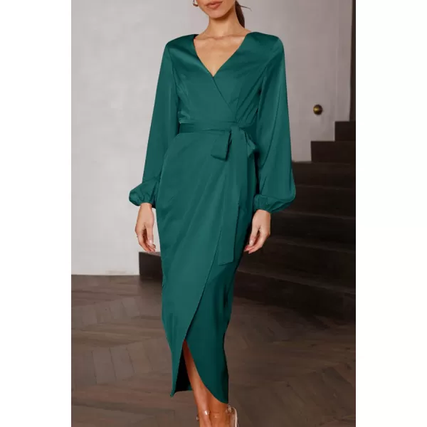 imagePRETTYGARDEN Womens Maxi Satin Puff Sleeve Wrap V Neck Ruched Belted Long Formal Cocktail DressesDark Green