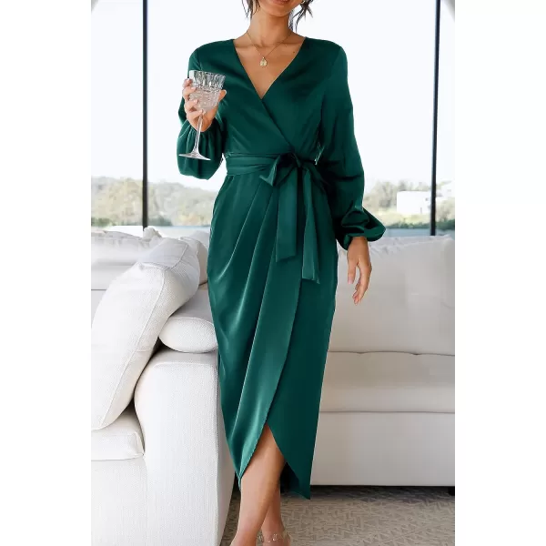 imagePRETTYGARDEN Womens Maxi Satin Puff Sleeve Wrap V Neck Ruched Belted Long Formal Cocktail DressesDark Green