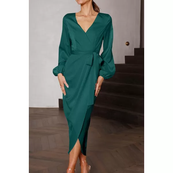imagePRETTYGARDEN Womens Maxi Satin Puff Sleeve Wrap V Neck Ruched Belted Long Formal Cocktail DressesDark Green