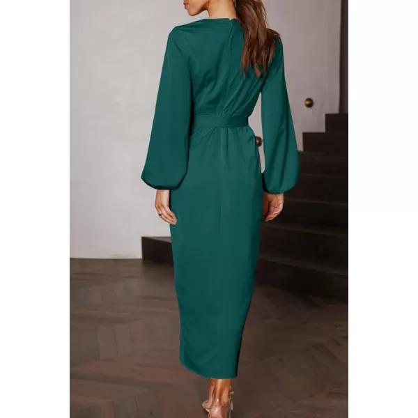 imagePRETTYGARDEN Womens Maxi Satin Puff Sleeve Wrap V Neck Ruched Belted Long Formal Cocktail DressesDark Green