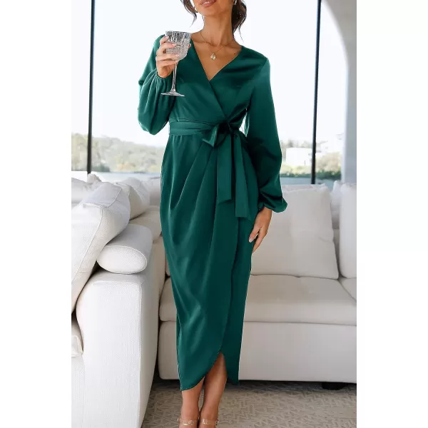 imagePRETTYGARDEN Womens Maxi Satin Puff Sleeve Wrap V Neck Ruched Belted Long Formal Cocktail DressesDark Green