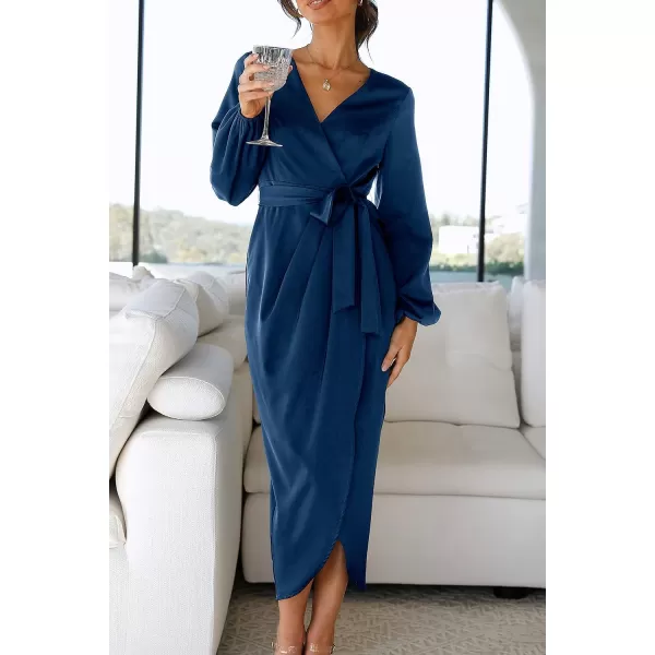 imagePRETTYGARDEN Womens Maxi Satin Puff Sleeve Wrap V Neck Ruched Belted Long Formal Cocktail DressesNavy