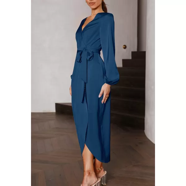 imagePRETTYGARDEN Womens Maxi Satin Puff Sleeve Wrap V Neck Ruched Belted Long Formal Cocktail DressesNavy