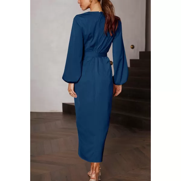 imagePRETTYGARDEN Womens Maxi Satin Puff Sleeve Wrap V Neck Ruched Belted Long Formal Cocktail DressesNavy