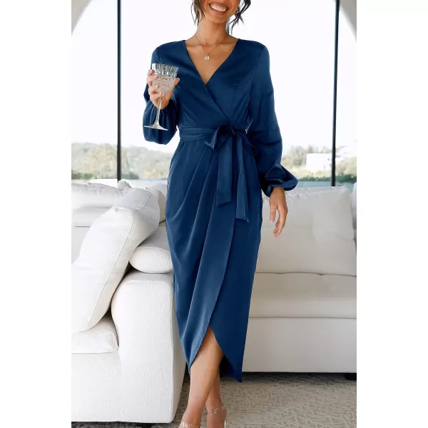 imagePRETTYGARDEN Womens Maxi Satin Puff Sleeve Wrap V Neck Ruched Belted Long Formal Cocktail DressesNavy