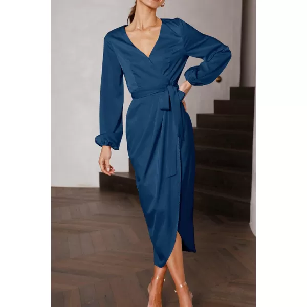 imagePRETTYGARDEN Womens Maxi Satin Puff Sleeve Wrap V Neck Ruched Belted Long Formal Cocktail DressesNavy