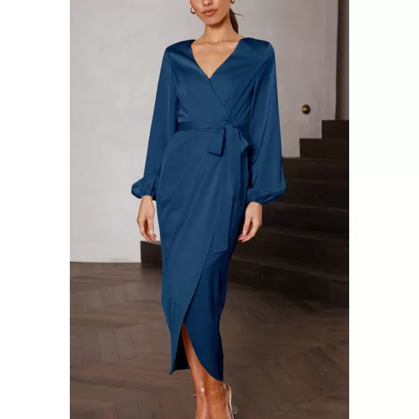 imagePRETTYGARDEN Womens Maxi Satin Puff Sleeve Wrap V Neck Ruched Belted Long Formal Cocktail DressesNavy