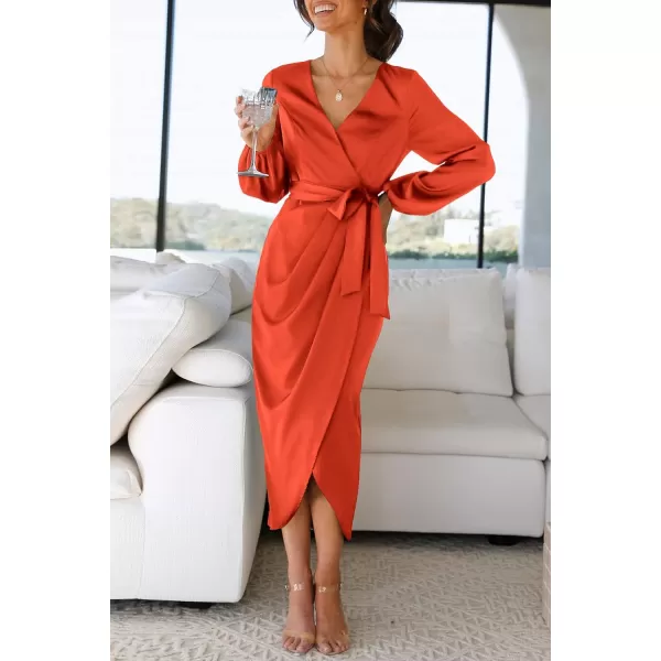 imagePRETTYGARDEN Womens Maxi Satin Puff Sleeve Wrap V Neck Ruched Belted Long Formal Cocktail DressesOrange
