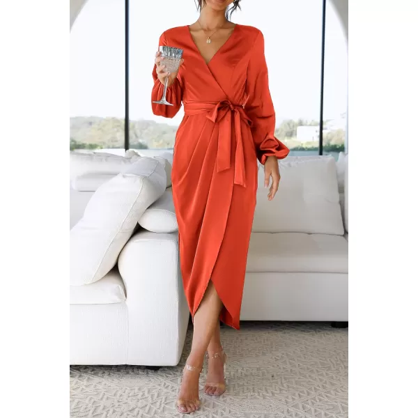 imagePRETTYGARDEN Womens Maxi Satin Puff Sleeve Wrap V Neck Ruched Belted Long Formal Cocktail DressesOrange