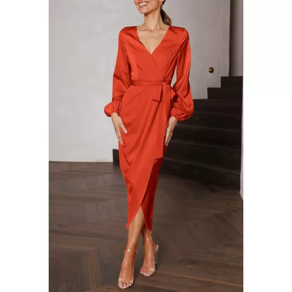 imagePRETTYGARDEN Womens Maxi Satin Puff Sleeve Wrap V Neck Ruched Belted Long Formal Cocktail DressesOrange