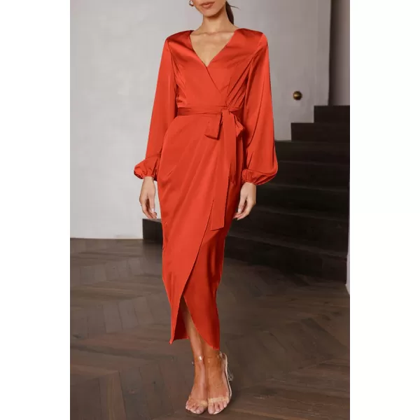 imagePRETTYGARDEN Womens Maxi Satin Puff Sleeve Wrap V Neck Ruched Belted Long Formal Cocktail DressesOrange