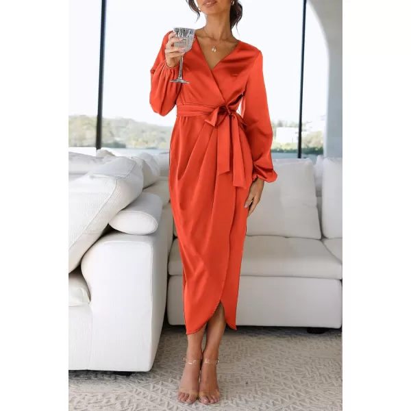 imagePRETTYGARDEN Womens Maxi Satin Puff Sleeve Wrap V Neck Ruched Belted Long Formal Cocktail DressesOrange