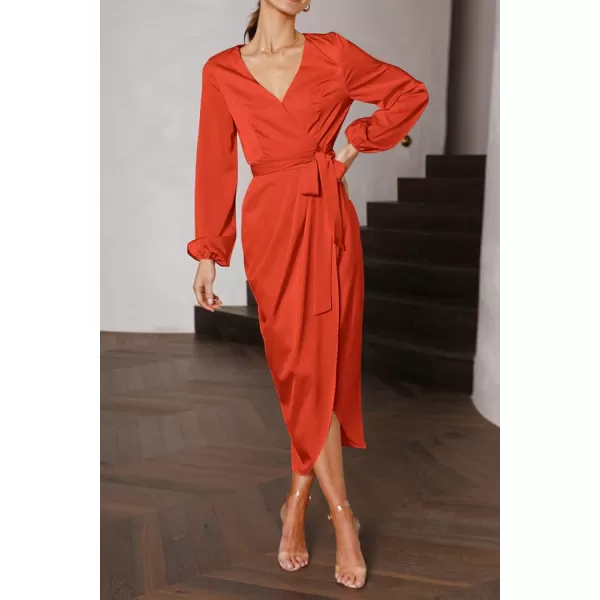 imagePRETTYGARDEN Womens Maxi Satin Puff Sleeve Wrap V Neck Ruched Belted Long Formal Cocktail DressesOrange