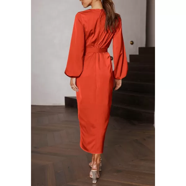 imagePRETTYGARDEN Womens Maxi Satin Puff Sleeve Wrap V Neck Ruched Belted Long Formal Cocktail DressesOrange