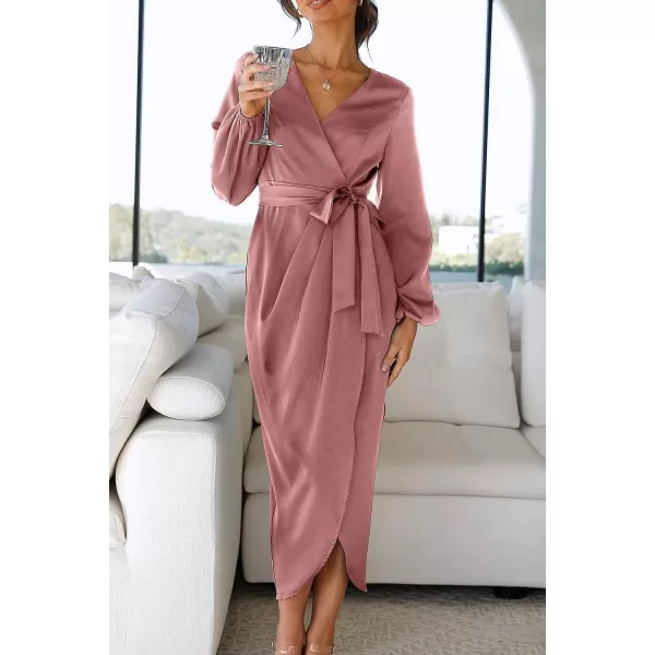 imagePRETTYGARDEN Womens Maxi Satin Puff Sleeve Wrap V Neck Ruched Belted Long Formal Cocktail DressesPink