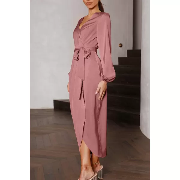 imagePRETTYGARDEN Womens Maxi Satin Puff Sleeve Wrap V Neck Ruched Belted Long Formal Cocktail DressesPink