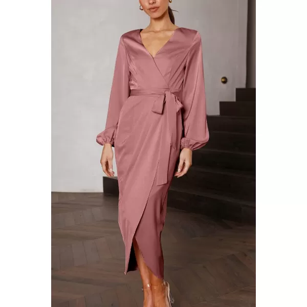 imagePRETTYGARDEN Womens Maxi Satin Puff Sleeve Wrap V Neck Ruched Belted Long Formal Cocktail DressesPink