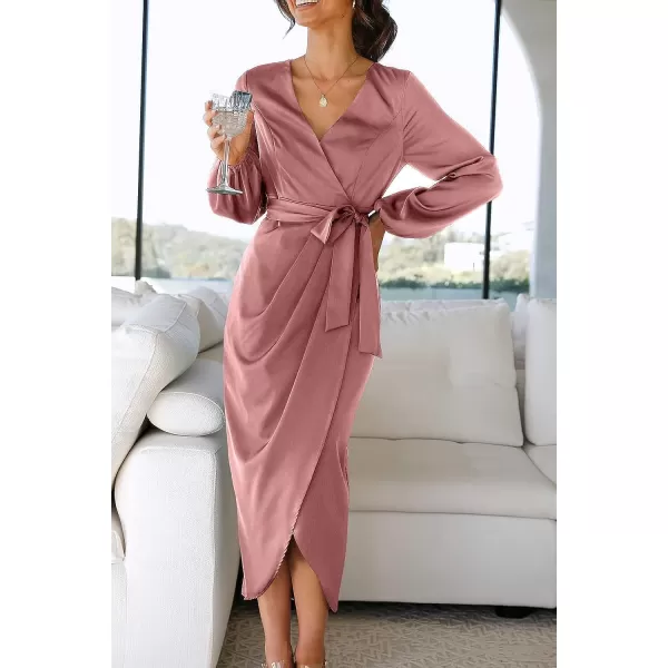 imagePRETTYGARDEN Womens Maxi Satin Puff Sleeve Wrap V Neck Ruched Belted Long Formal Cocktail DressesPink