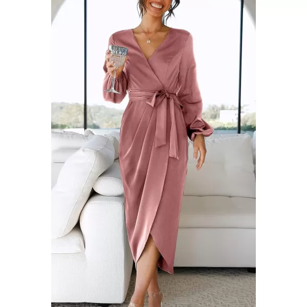 imagePRETTYGARDEN Womens Maxi Satin Puff Sleeve Wrap V Neck Ruched Belted Long Formal Cocktail DressesPink