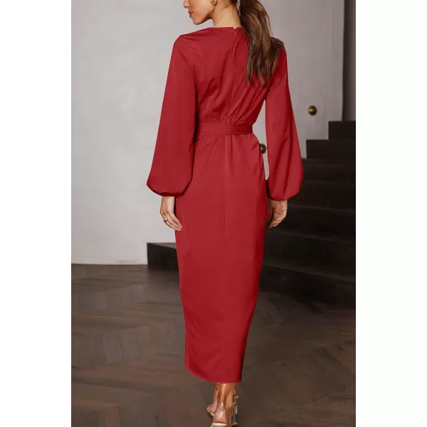 imagePRETTYGARDEN Womens Maxi Satin Puff Sleeve Wrap V Neck Ruched Belted Long Formal Cocktail DressesRed