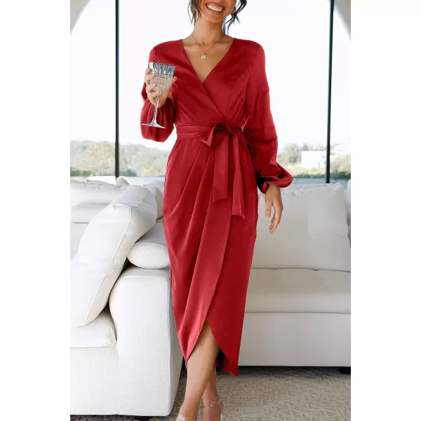 imagePRETTYGARDEN Womens Maxi Satin Puff Sleeve Wrap V Neck Ruched Belted Long Formal Cocktail DressesRed