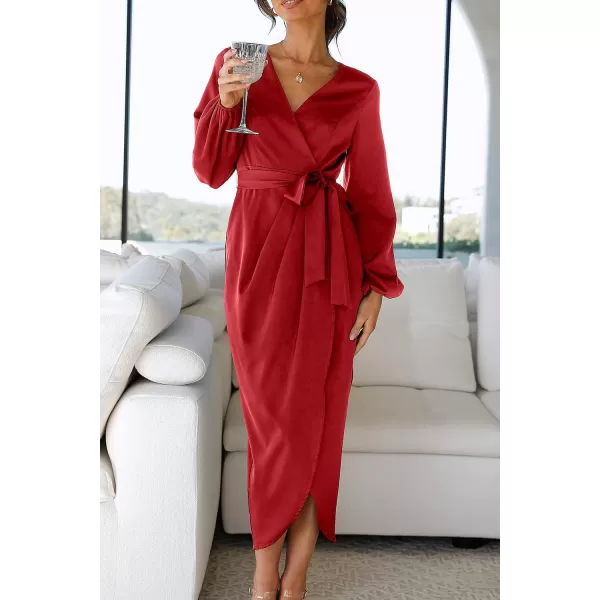imagePRETTYGARDEN Womens Maxi Satin Puff Sleeve Wrap V Neck Ruched Belted Long Formal Cocktail DressesRed