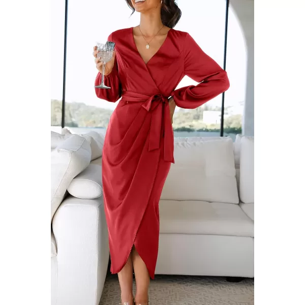 imagePRETTYGARDEN Womens Maxi Satin Puff Sleeve Wrap V Neck Ruched Belted Long Formal Cocktail DressesRed