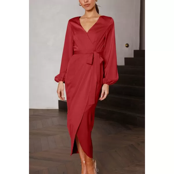 imagePRETTYGARDEN Womens Maxi Satin Puff Sleeve Wrap V Neck Ruched Belted Long Formal Cocktail DressesRed