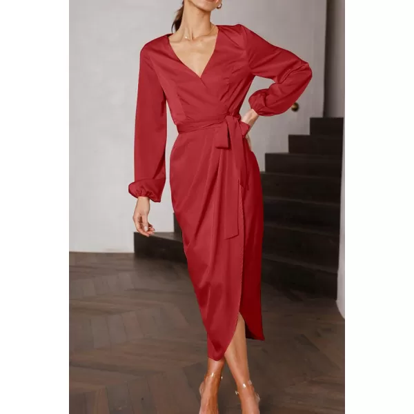 imagePRETTYGARDEN Womens Maxi Satin Puff Sleeve Wrap V Neck Ruched Belted Long Formal Cocktail DressesRed