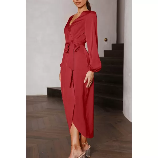 imagePRETTYGARDEN Womens Maxi Satin Puff Sleeve Wrap V Neck Ruched Belted Long Formal Cocktail DressesRed
