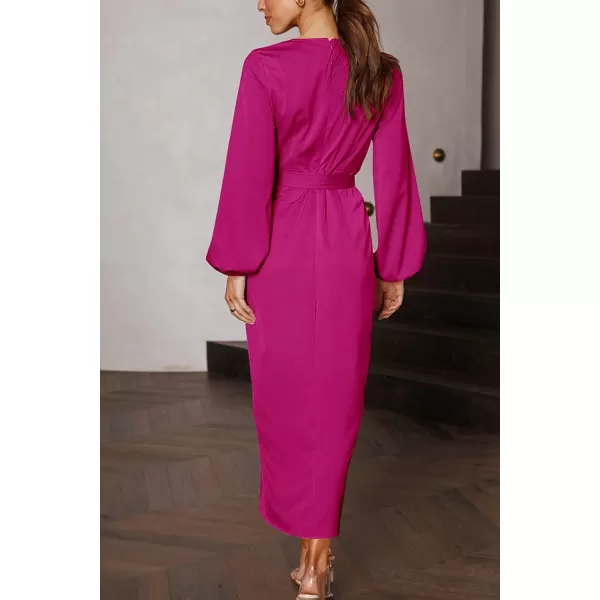 imagePRETTYGARDEN Womens Maxi Satin Puff Sleeve Wrap V Neck Ruched Belted Long Formal Cocktail DressesRose Red