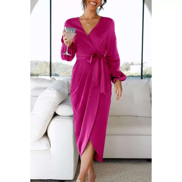 imagePRETTYGARDEN Womens Maxi Satin Puff Sleeve Wrap V Neck Ruched Belted Long Formal Cocktail DressesRose Red
