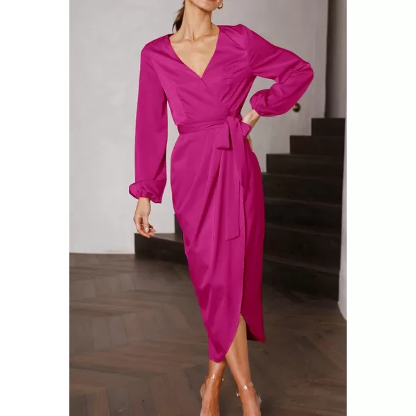 imagePRETTYGARDEN Womens Maxi Satin Puff Sleeve Wrap V Neck Ruched Belted Long Formal Cocktail DressesRose Red