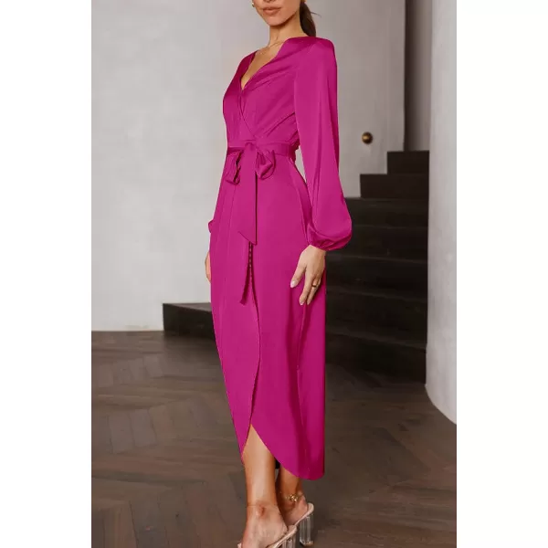 imagePRETTYGARDEN Womens Maxi Satin Puff Sleeve Wrap V Neck Ruched Belted Long Formal Cocktail DressesRose Red