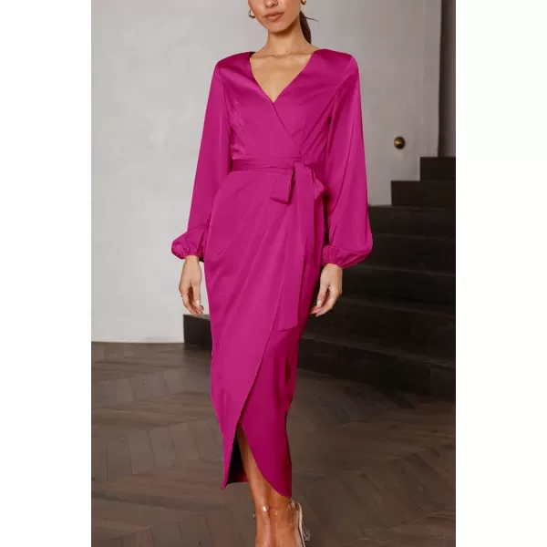 imagePRETTYGARDEN Womens Maxi Satin Puff Sleeve Wrap V Neck Ruched Belted Long Formal Cocktail DressesRose Red