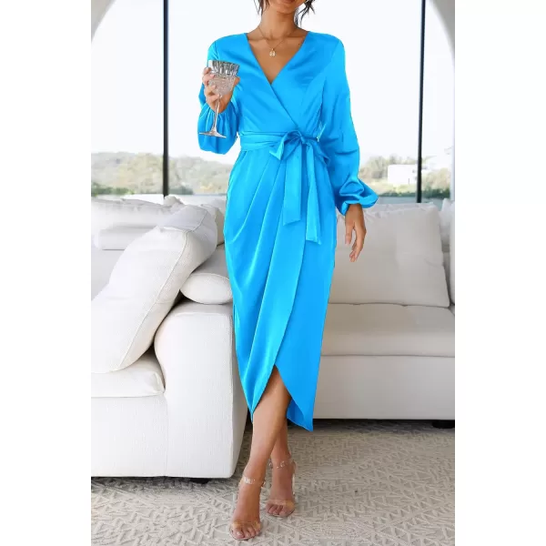 imagePRETTYGARDEN Womens Maxi Satin Puff Sleeve Wrap V Neck Ruched Belted Long Formal Cocktail DressesSky Blue