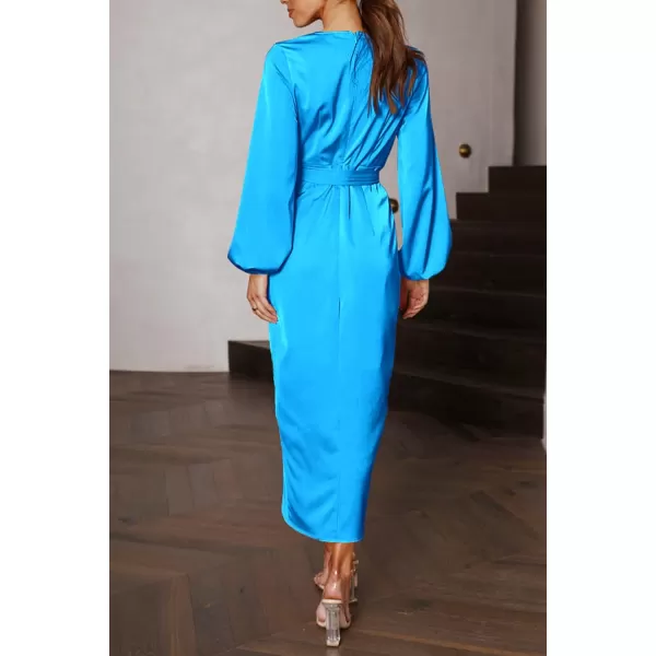 imagePRETTYGARDEN Womens Maxi Satin Puff Sleeve Wrap V Neck Ruched Belted Long Formal Cocktail DressesSky Blue
