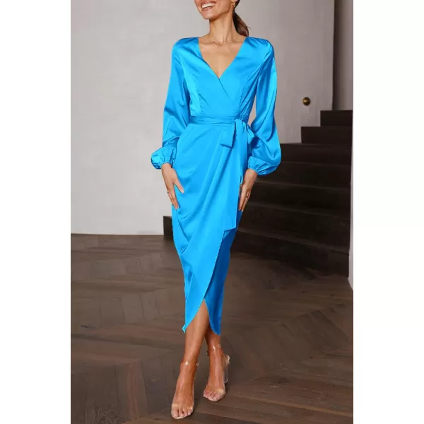 imagePRETTYGARDEN Womens Maxi Satin Puff Sleeve Wrap V Neck Ruched Belted Long Formal Cocktail DressesSky Blue