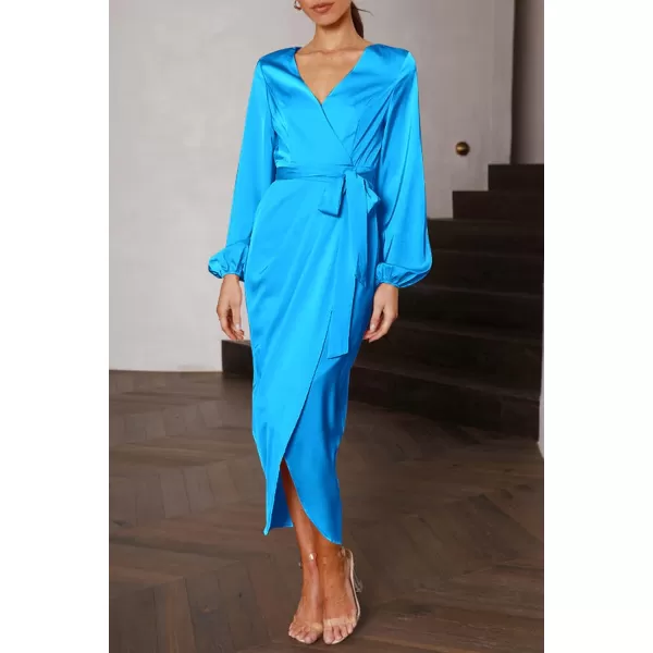 imagePRETTYGARDEN Womens Maxi Satin Puff Sleeve Wrap V Neck Ruched Belted Long Formal Cocktail DressesSky Blue