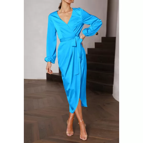 imagePRETTYGARDEN Womens Maxi Satin Puff Sleeve Wrap V Neck Ruched Belted Long Formal Cocktail DressesSky Blue